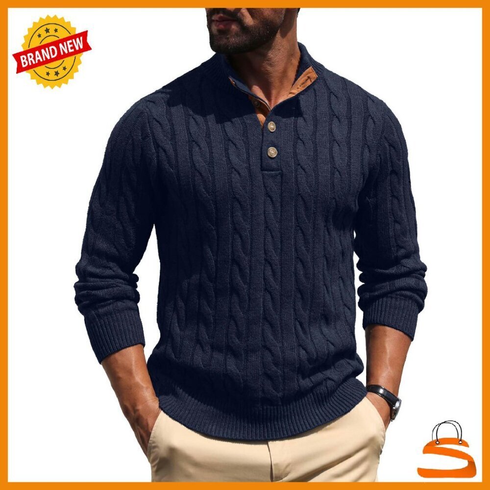 Men's Cable Knit Pullover Sweater Stand Collar Button Casual Warm